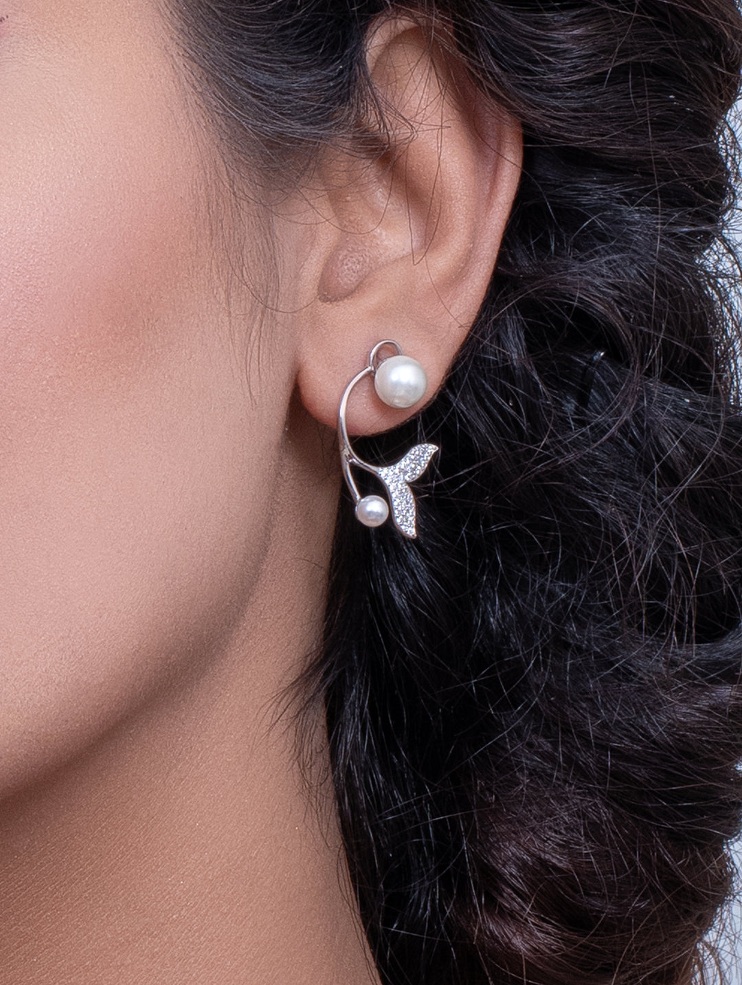 Fish Tail White Swarovski Zircon With Natural Pearl Earring