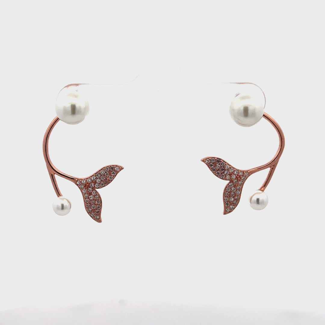 Golden Fish Tail Earring White Swarovski Zircon With Natural Pearl